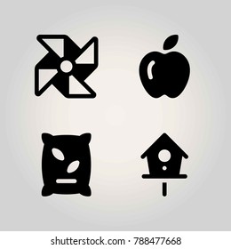 Agriculture vector icon set. apple, fertilizer, pinwheel and birdhouse