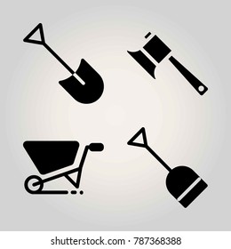 Agriculture vector icon set. axe, shovel and wheelbarrow