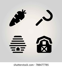 Agriculture vector icon set. barn, sickle, carrot and beehive