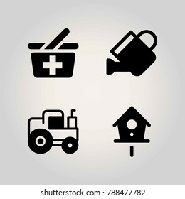 Agriculture vector icon set. basket, tractor, can and birdhouse