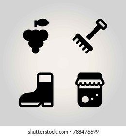 Agriculture vector icon set. boot, rake, grape and honey
