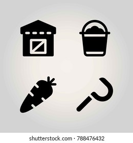 Agriculture vector icon set. bucket, warehouse, sickle and carrot