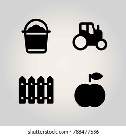 Agriculture vector icon set. bucket, peach, tractor and fence