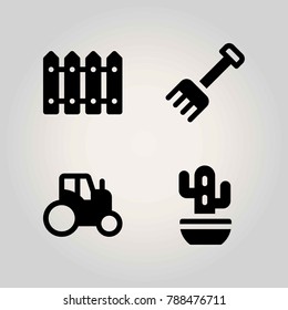 Agriculture vector icon set. cactus, tractor, rake and fence