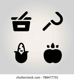 Agriculture vector icon set. corn, shopping basket, sickle and peach