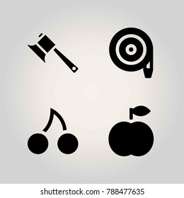 Agriculture vector icon set. peach, axe, hose and cherry