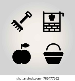 Agriculture vector icon set. peach, well, basket and rake