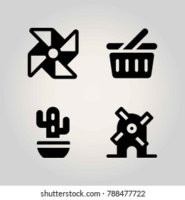 Agriculture vector icon set. pinwheel, basket, shopping basket and windmill