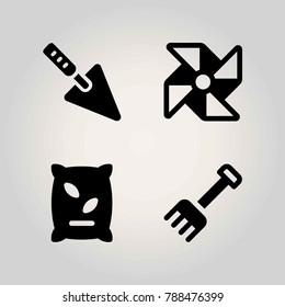 Agriculture vector icon set. rake, fertilizer, pinwheel and trowel