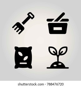 Agriculture vector icon set. rake, basket, fertilizer and shopping basket