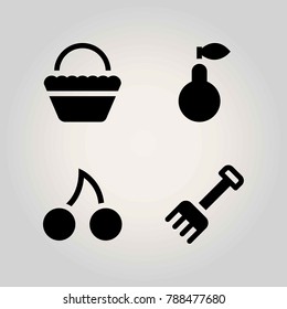 Agriculture vector icon set. rake, pear, basket and cherry