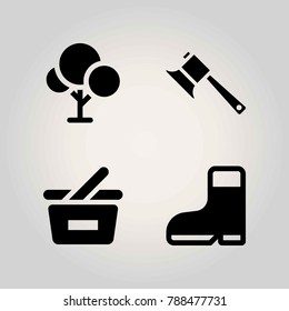Agriculture vector icon set. shopping basket, basket, axe and tree