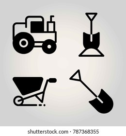 Agriculture vector icon set. shovel, tractor and wheelbarrow
