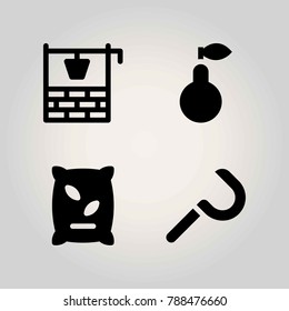 Agriculture vector icon set. sickle, well, fertilizer and pear