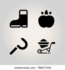Agriculture vector icon set. sickle, peach, wheelbarrow and boot