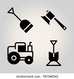 Agriculture vector icon set. tractor, axe and shovel