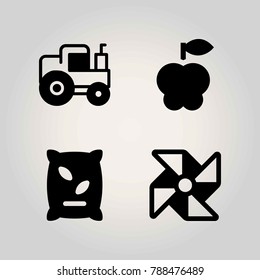Agriculture vector icon set. tractor, apple, pinwheel and fertilizer