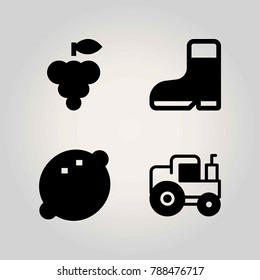 Agriculture vector icon set. tractor, grape, boot and lemon
