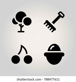 Agriculture vector icon set. tree, cherry, rake and egg
