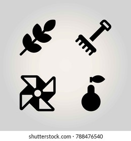 Agriculture vector icon set. wheat, pinwheel, rake and pear