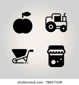 Agriculture vector icon set. wheelbarrow, peach, honey and tractor