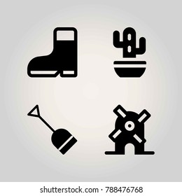 Agriculture vector icon set. windmill, shovel, boot and cactus