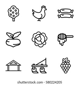 Agriculture vector icons. Set of 9 Agriculture outline icons such as home, chicken, sausage, grape, beet, cabbage, tree, tractor