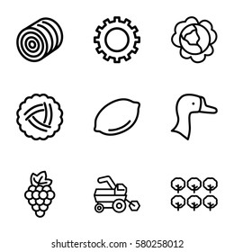 Agriculture vector icons. Set of 9 Agriculture outline icons such as nest, goose, hay, grape, cabbage, tree, lemon, gear