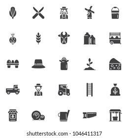 Agriculture vector icons set, modern solid symbol collection, filled style pictogram pack. Signs, logo illustration. Set includes icons as corn, shears, farmer female, windmill, bucket, onion, wheat