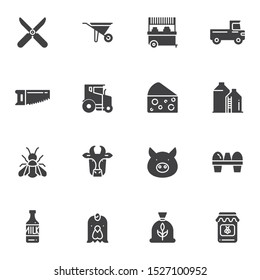 Agriculture vector icons set, modern solid symbol collection, filled style pictogram pack. Signs, logo illustration. Set includes icons as wheelbarrow, tractor, truck, milk bottle, cow, pig, chicken