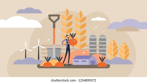 Agriculture vector illustration. Mini persons concept with harvest crops. Farmer on field with healthy vegetables and roots. Flat symbolic modern food cultivation industry character in countryside.