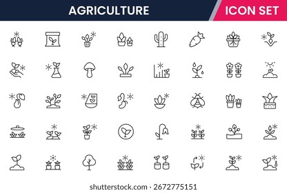 Ícones de linha de vetor agrícola com campos, culturas, tratores, irrigação, celeiros, sementes, ferramentas, práticas agrícolas, colheita e produção sustentável de alimentos.