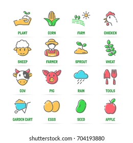 agriculture vector line icons with flat colors, minimal pictogram design, editable stroke for any resolution
