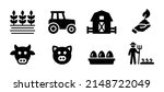 Agriculture vector set. Containing rice field, tractor, farm, harvest, cow, pig, eggs and farmer icon in black design.