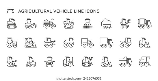 Agriculture vehicle line icons. Farm transport equipment, agriculture machinery icons, farming equipment transport pictograms. Vector isolated collection. Industrial loader, tractor set