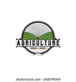 Agriculture vintage badge vector logo design featuring classic farm elements like wheat, barns, and tractors in a retro emblem style. Ideal for organic farms, food packaging, eco brands