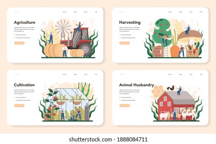 Agriculture web banner or landing page set. Farming food cultivation and production. Village groceries harvesting. Countryside animal husbandry. Isolated flat illustration