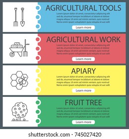 Agriculture web banner templates set. Pitchfork and shovel, wheelbarrow with hays, apiary, fruit tree. Website color menu items with linear icons. Vector headers design concepts