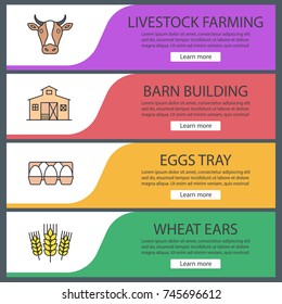 Agriculture web banner templates set. Cow head, barn building, eggs tray, wheat ears. Website color menu items. Vector headers design concepts