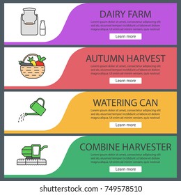 Agriculture web banner templates set. Dairy farm, autumn harvest, watering can, combine harvester. Website color menu items. Vector headers design concepts