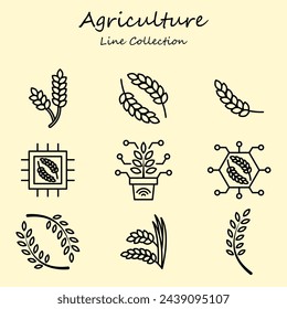 Agriculture Wheat Editable Icons Set Line Style. Plant, Wheat, Paddy, Rice, Leaf, Food. Outline Collection