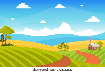 Agriculture Wheat Field Farm Rural Nature Scene Landscape Illustration