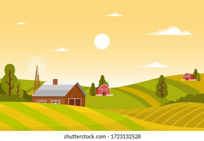 Agriculture Wheat Field Farm Rural Nature Scene Landscape Illustration