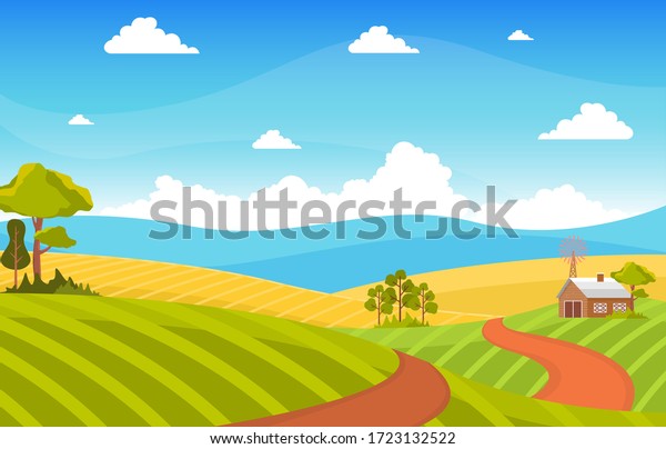 農業用小麦畑農業農村自然の風景イラスト のベクター画像素材 ロイヤリティフリー