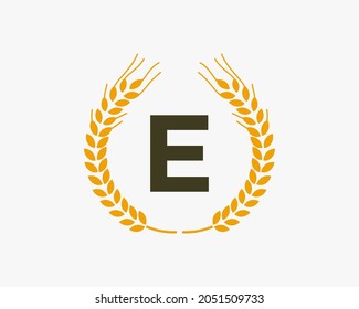 Agriculture Wheat Logo On E Letter. Letter E Agriculture Logo Design Template, Food, Healthy Nutrition Symbol