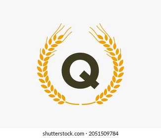 Agriculture Wheat Logo On Q Letter. Letter Q Agriculture Logo Design Template, Food, Healthy Nutrition Symbol