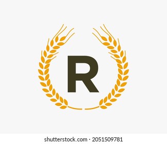 Agriculture Wheat Logo On R Letter. Letter R Agriculture Logo Design Template, Food, Healthy Nutrition Symbol