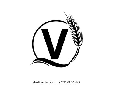 Agriculture Wheat Logo On V Letter. Agriculture Logo Design Template, Food, Healthy Nutrition Symbol. Logo for agriculture business and company identity
