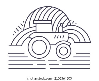 Agriculture and work at farm, farming and harvesting season tending for crops and field. Tractor equipment in meadow with bales of hay. Vehicle weeding or cultivating soil. Vector in flat style