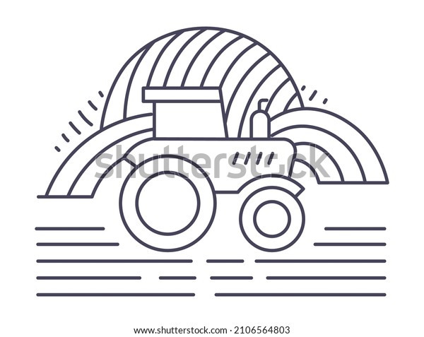 Agriculture and work at farm, farming and\
harvesting season tending for crops and field. Tractor equipment in\
meadow with bales of hay. Vehicle weeding or cultivating soil.\
Vector in flat\
style